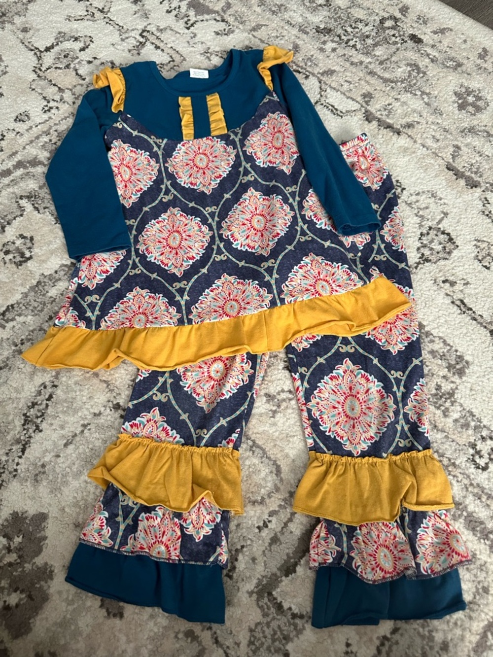 Girls Navy Floral Ruffle 2-Piece Outfit with Mustard Accents